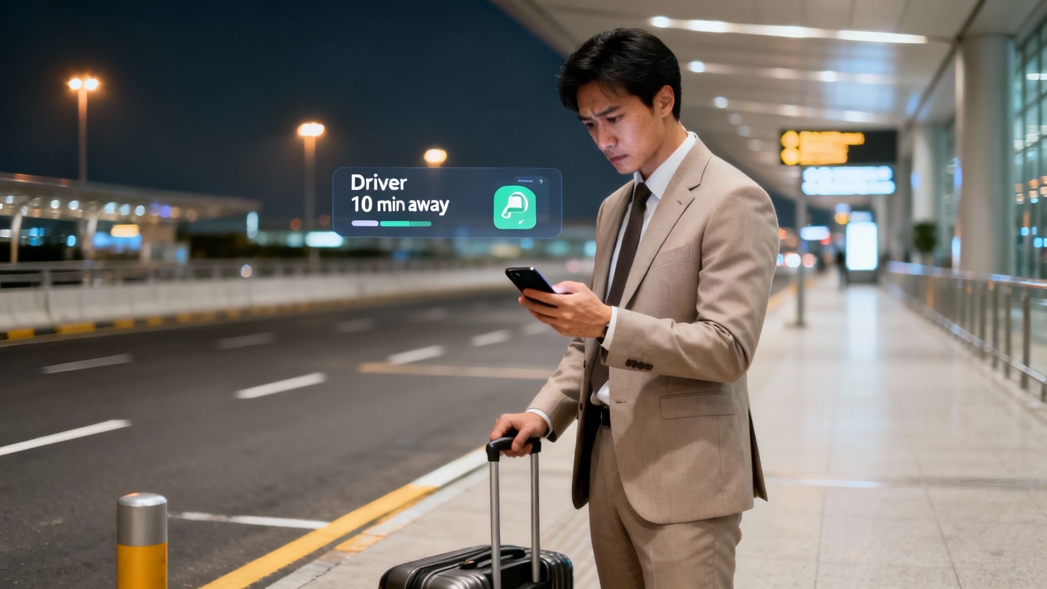 A businessman with luggage looks at his phone displaying a driver update at an airport curb.