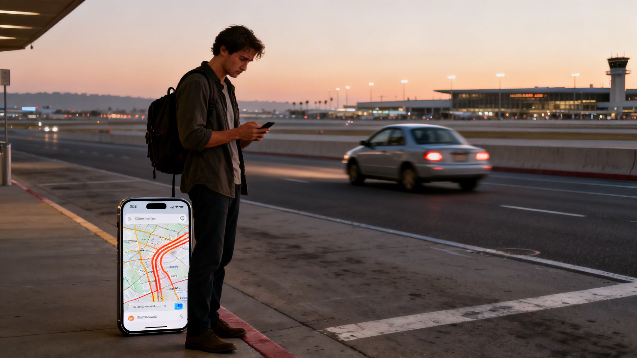 A traveler at an airport at dusk checking a map on his phone, with a car passing by.