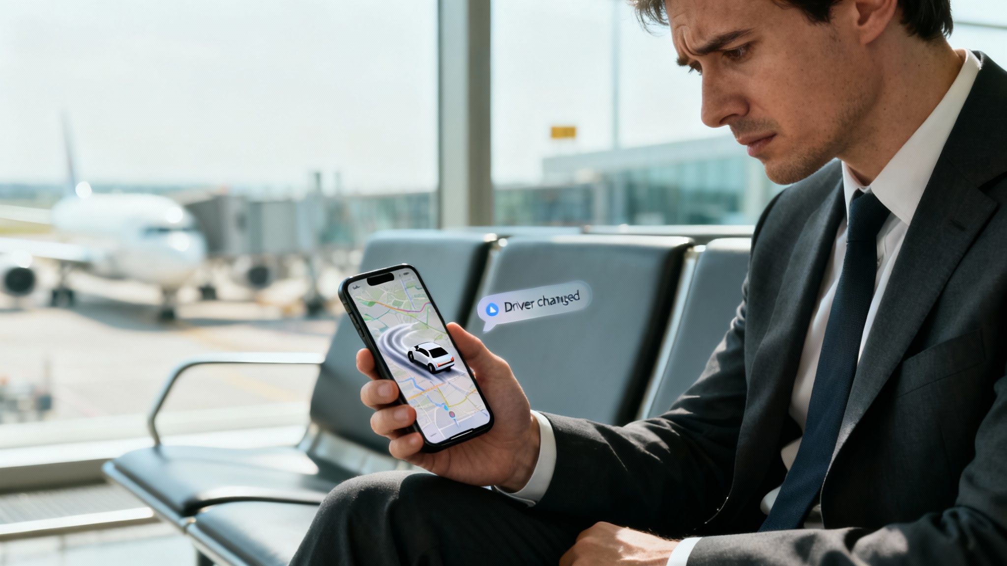 4 Keys to Flawless Executive Transportation Services 1 A businessman in an airport lounge checking his phone showing a car map and 'Driver changed' notification.