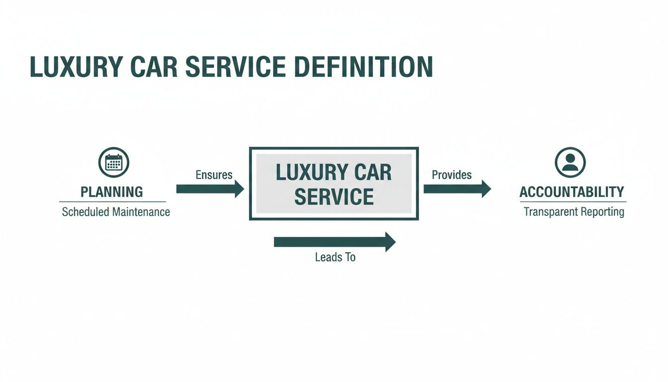 Your Guide to a Truly Luxury Car Service: 3 Ways to Ensure Perfect Predictability 2 A diagram defining luxury car service, illustrating planning ensures it and it provides accountability with transparent reporting.