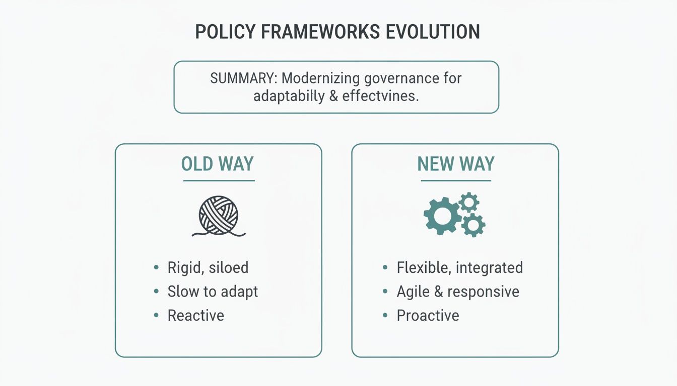 Corporate Travel Policy Template: 5 Steps to End Travel Chaos for Good 1 Infographic illustrating the evolution of policy frameworks from old rigid ways to new flexible and adaptive governance.
