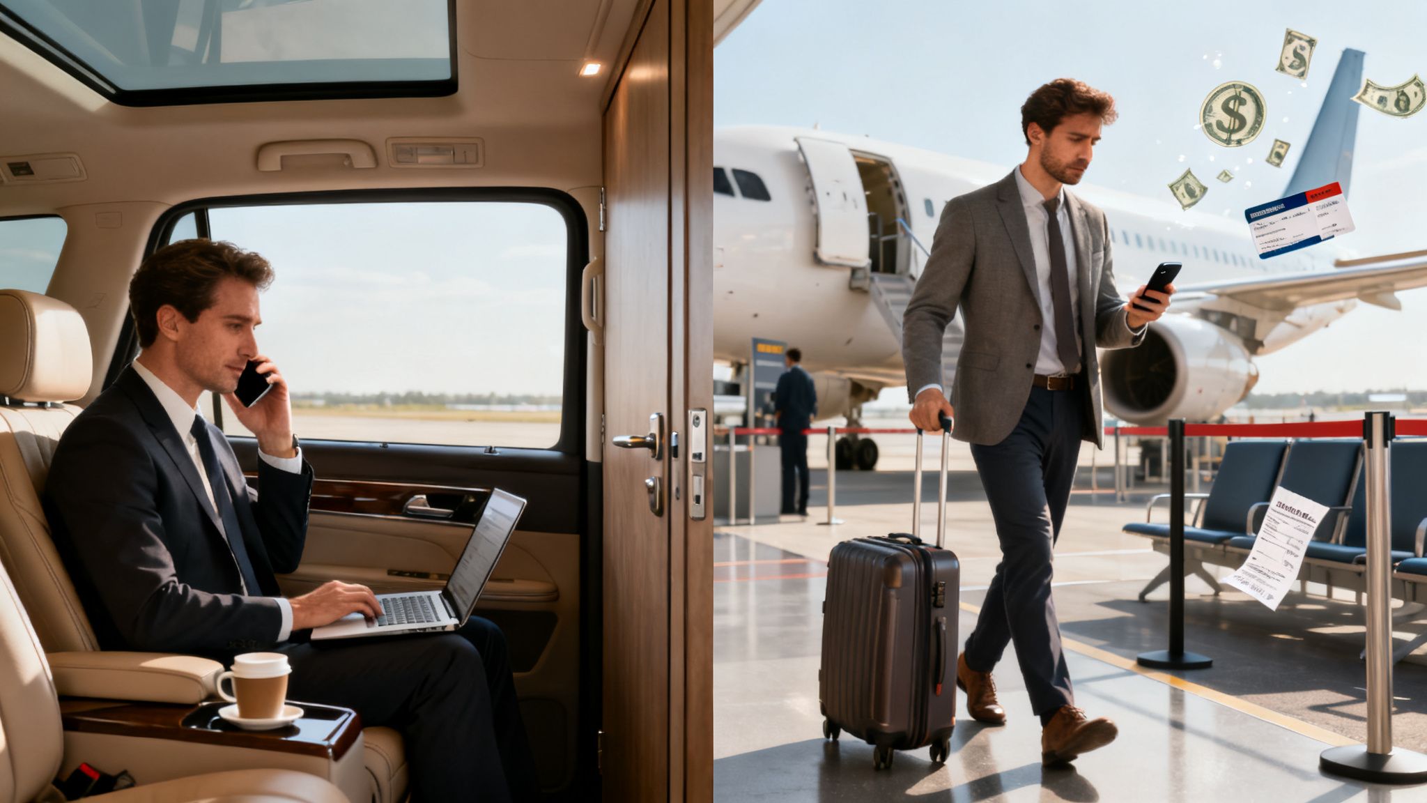 Driving versus Flying: The 7 Hidden Costs of a "Quick" Flight 2 Businessman working in a private car and walking through an airport with a suitcase, money, and ticket.