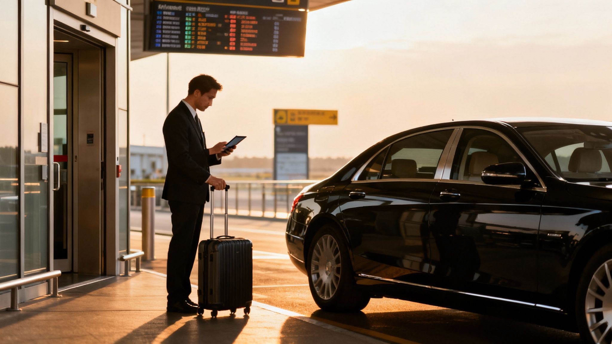 A Guide to Black Car Service for Predictable Travel 3 A businessman with luggage uses a tablet beside a black luxury car at an airport entrance.