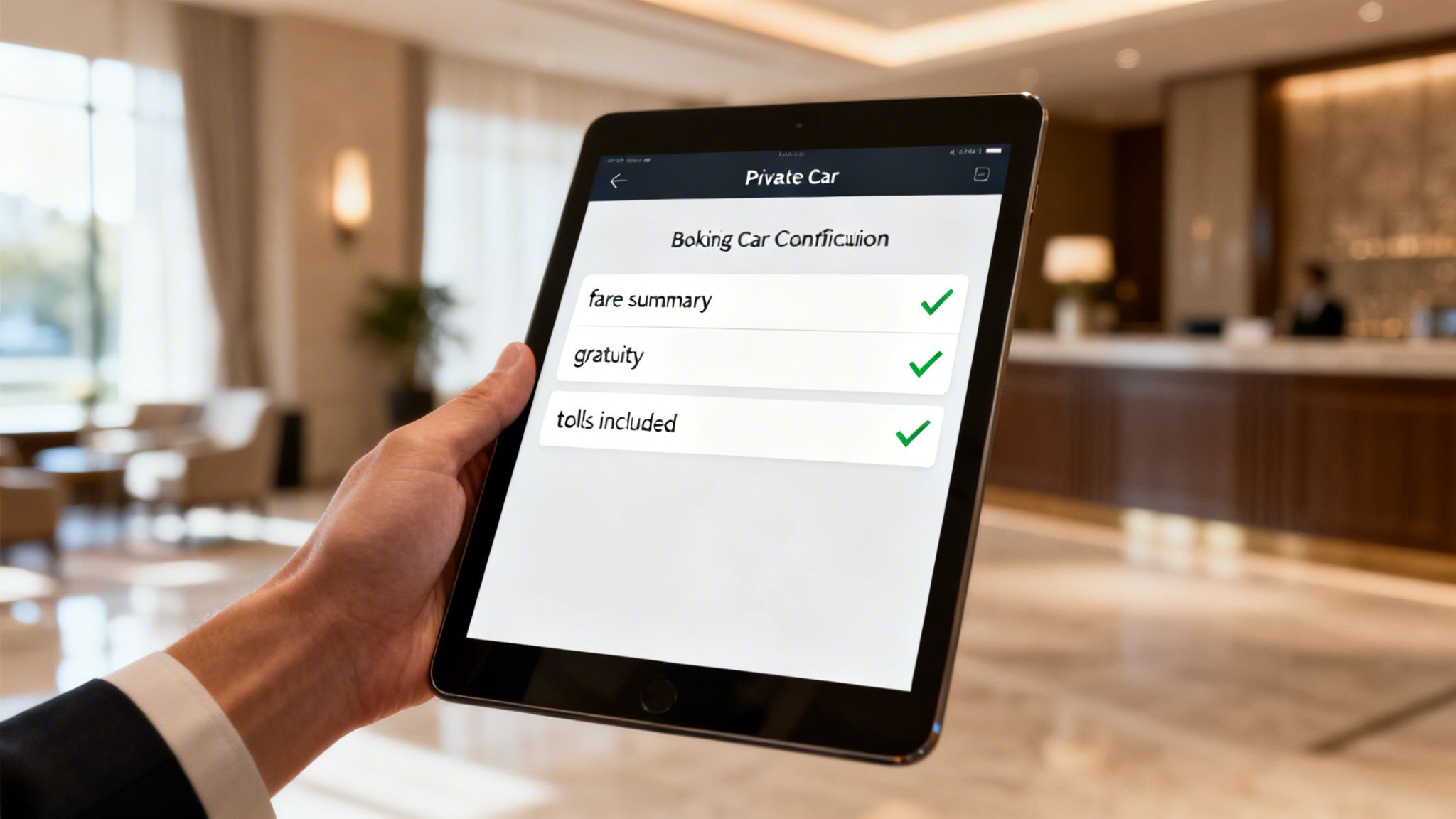 A hand holds a tablet displaying a private car booking confirmation showing fare, gratuity, and tolls included in a hotel lobby.