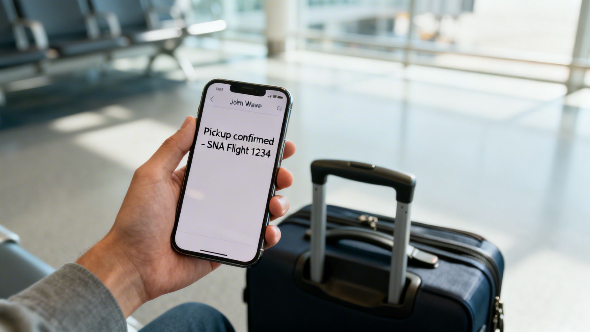 A person holds a smartphone showing 'Pickup confirmed' for 'SNA Flight 1234' at an airport, with a suitcase.