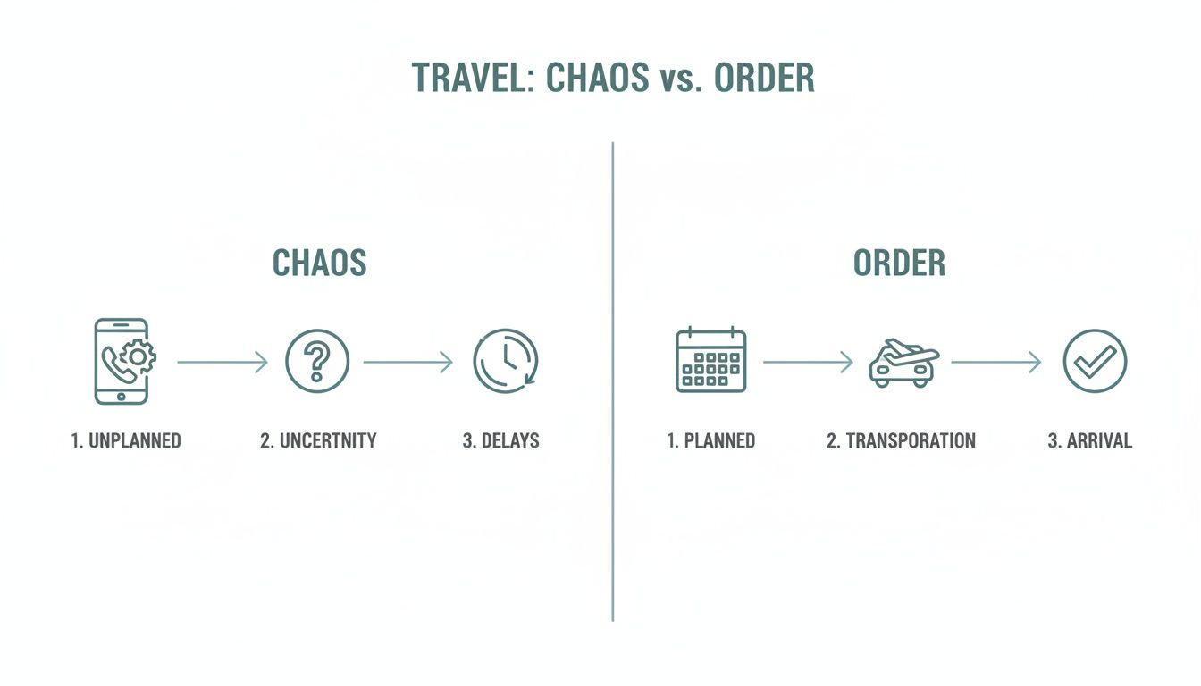 A diagram comparing travel chaos (unplanned, uncertainty, delays) with travel order (planned, transportation, arrival).