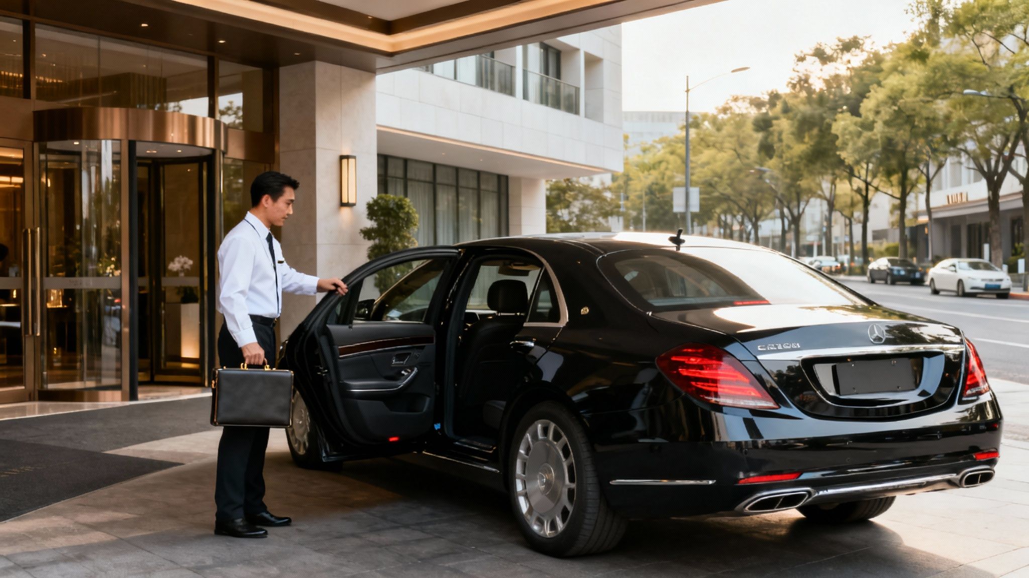 4 Keys to Flawless Executive Transportation Services 2 A chauffeur opens the door of a black luxury car for a business traveler at a hotel entrance.