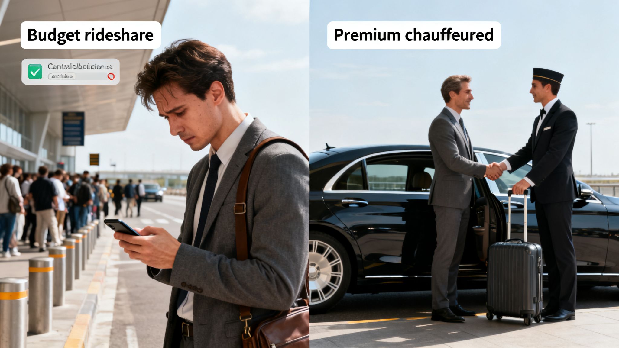 3 Critical Flaws in Your LAX to Disneyland Travel Plan 1 Two scenes contrasting airport transportation: a man waiting for a budget rideshare and a premium chauffeur service.