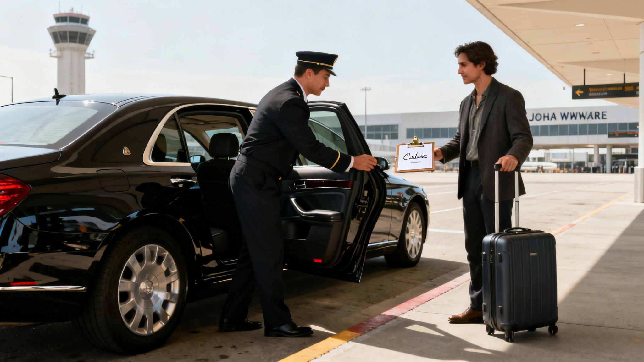 A chauffeur opens a luxury car door for a passenger with a suitcase at an airport.