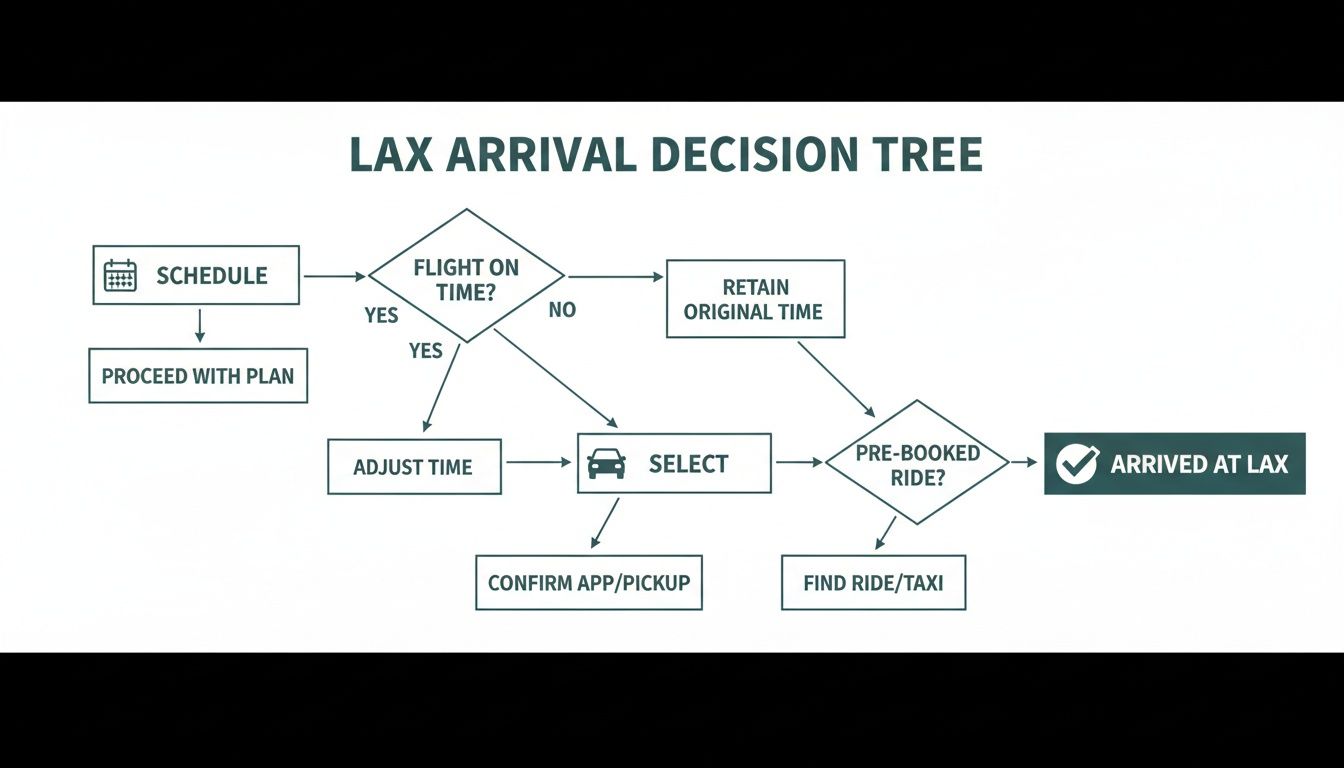 A detailed flowchart illustrating the LAX arrival decision tree, guiding through flight status checks and ground transportation choices.
