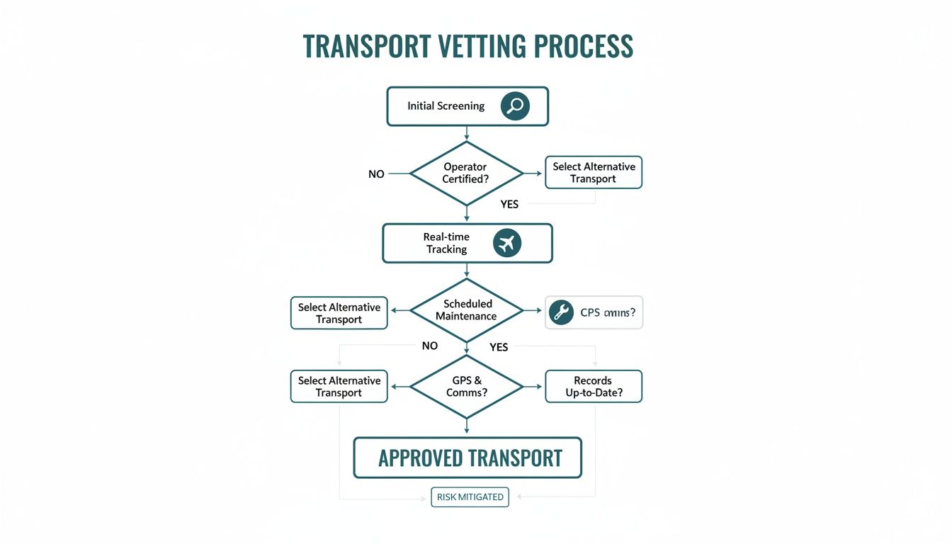 4 Keys to Flawless Executive Transportation Services 3 Flowchart illustrating the transport vetting process from initial screening to approved transport, highlighting key decision points.