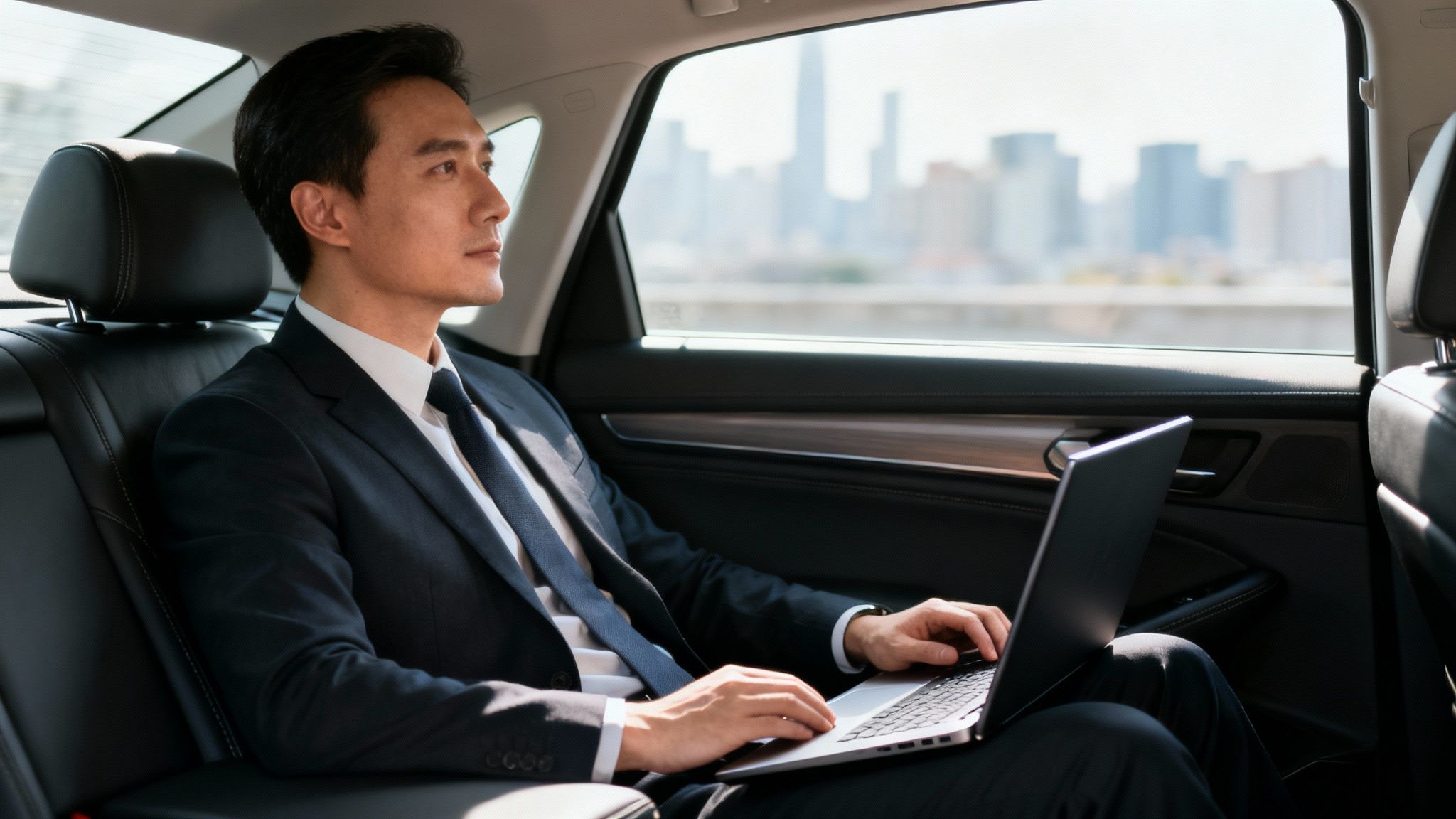 4 Keys to Flawless Executive Transportation Services 4 A focused executive works on a laptop in the back of a luxury car, looking out at the city skyline.