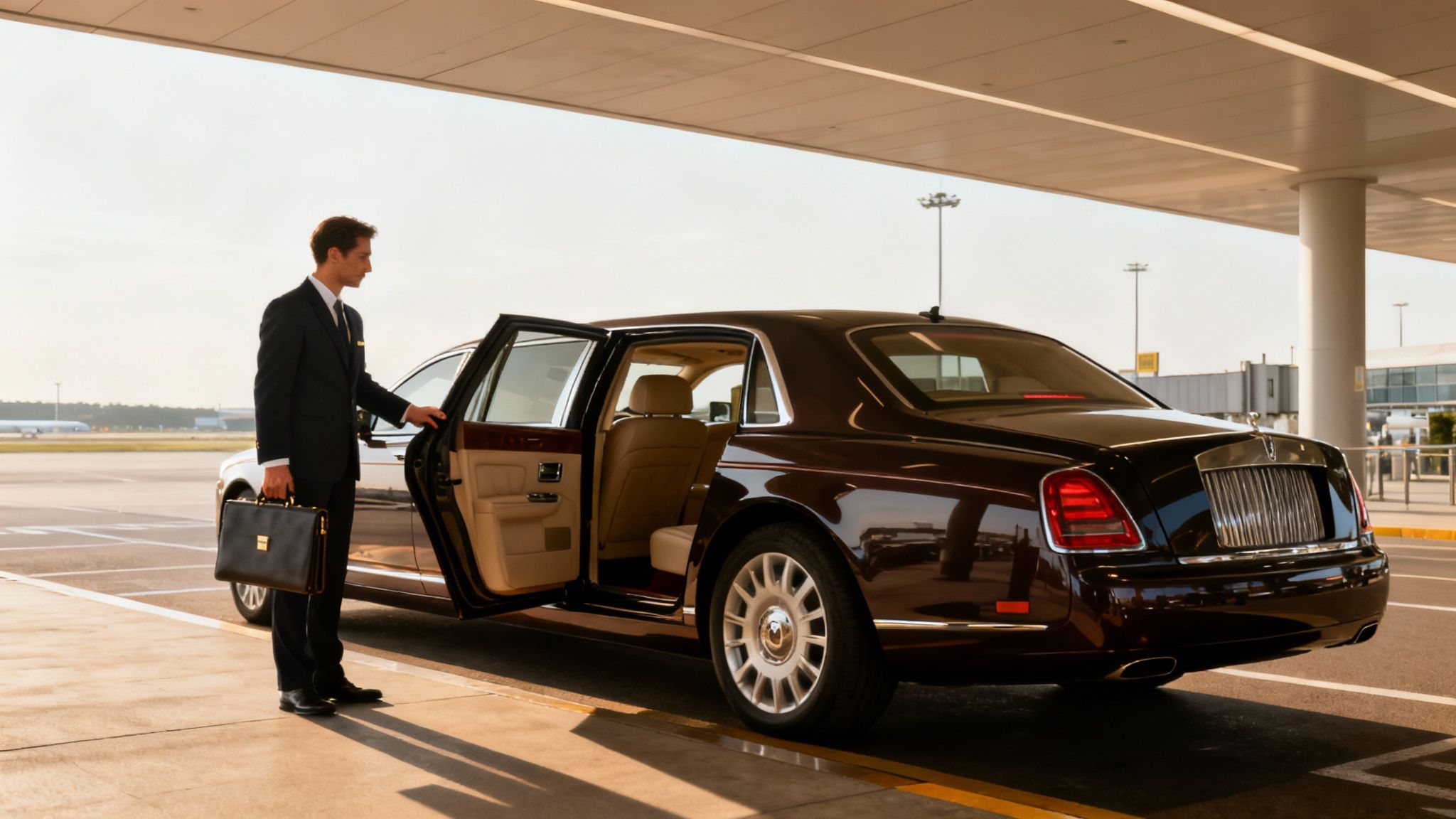 Driver for Hire: The 3 Critical Flaws in On-Demand Car Service 4 A well-dressed man holding a briefcase opens the door of a luxury car at an airport.