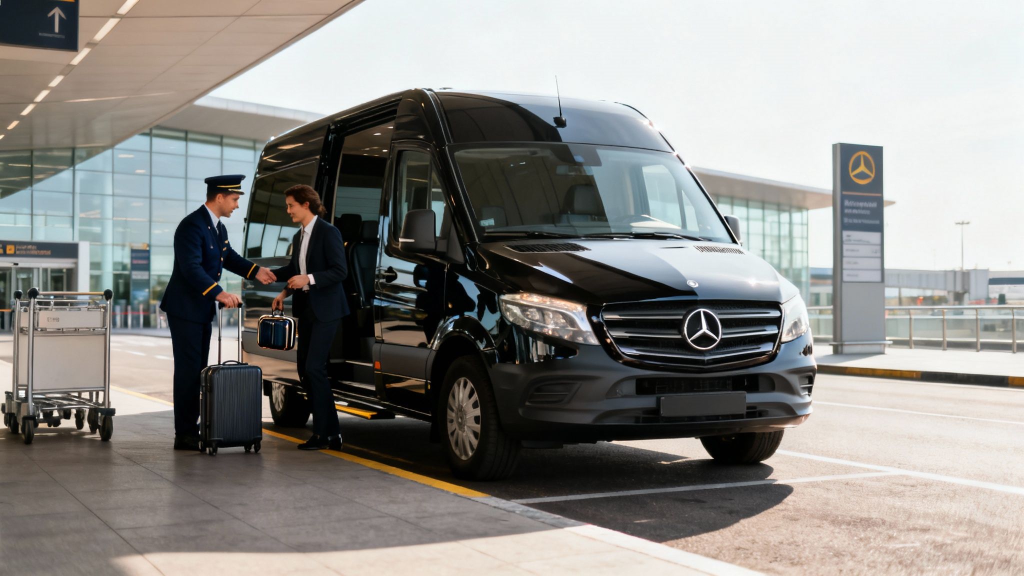 Your Guide to Airport Car Service in Southern California 2 A professional chauffeur assists a businesswoman with luggage next to a black luxury van at an airport.