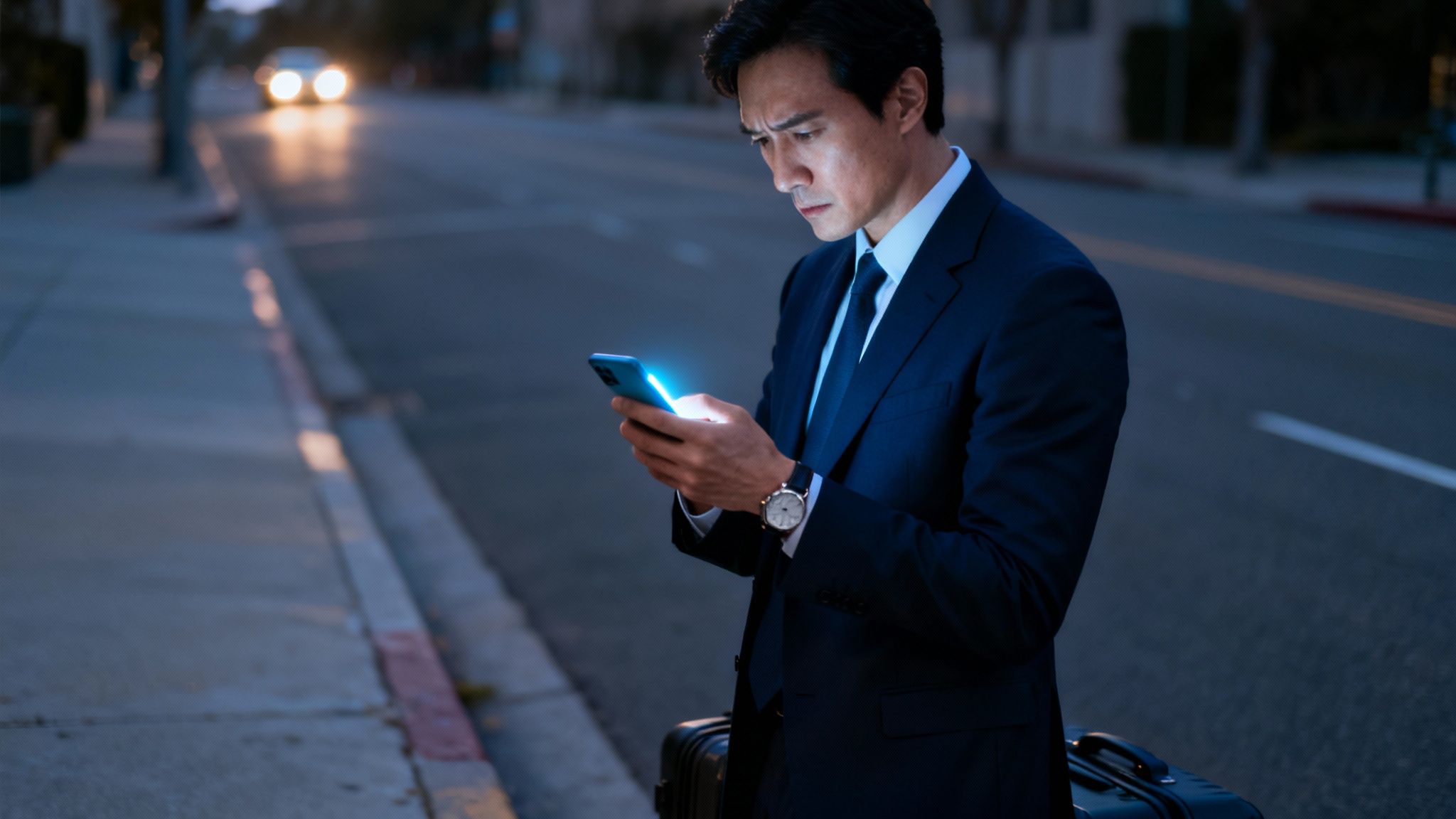 A Guide to Black Car Service for Predictable Travel 1 A businessman in a dark suit stands on a city street, checking his glowing smartphone at night.