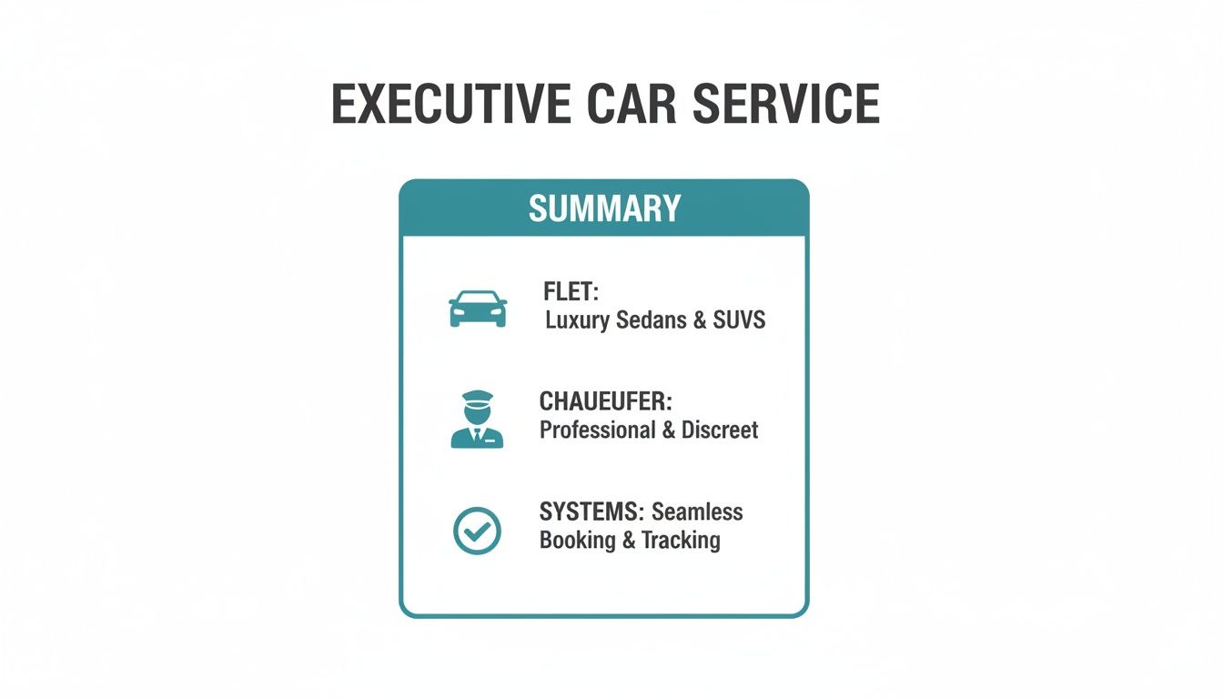 A Guide to Black Car Service for Predictable Travel 2 A summary graphic for an executive car service, highlighting its luxury fleet, professional chauffeurs, and seamless booking systems.