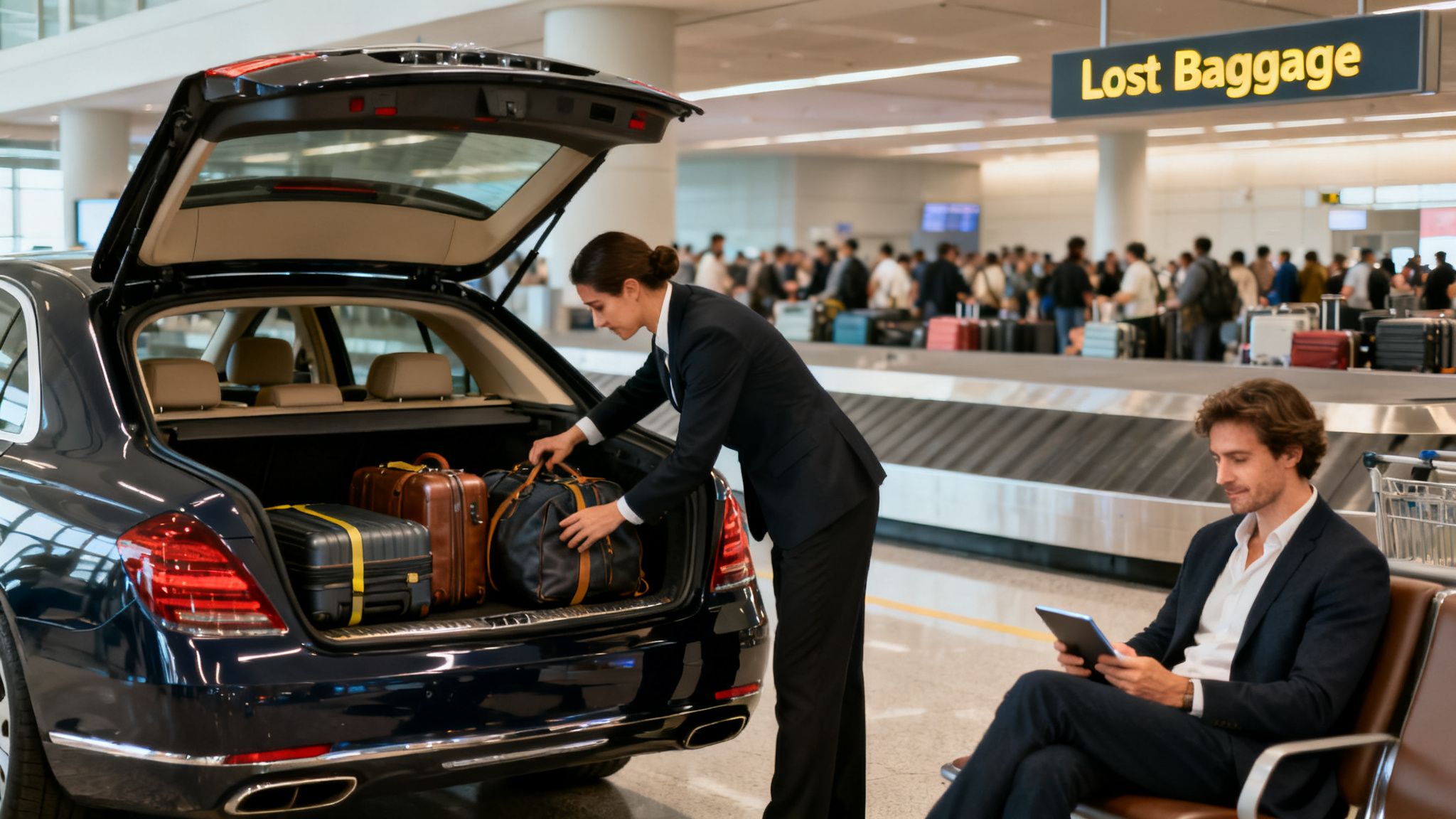 Driving versus Flying: The 7 Hidden Costs of a "Quick" Flight 3 A chauffeur loads luggage into a luxury car at an airport while a passenger uses a tablet.