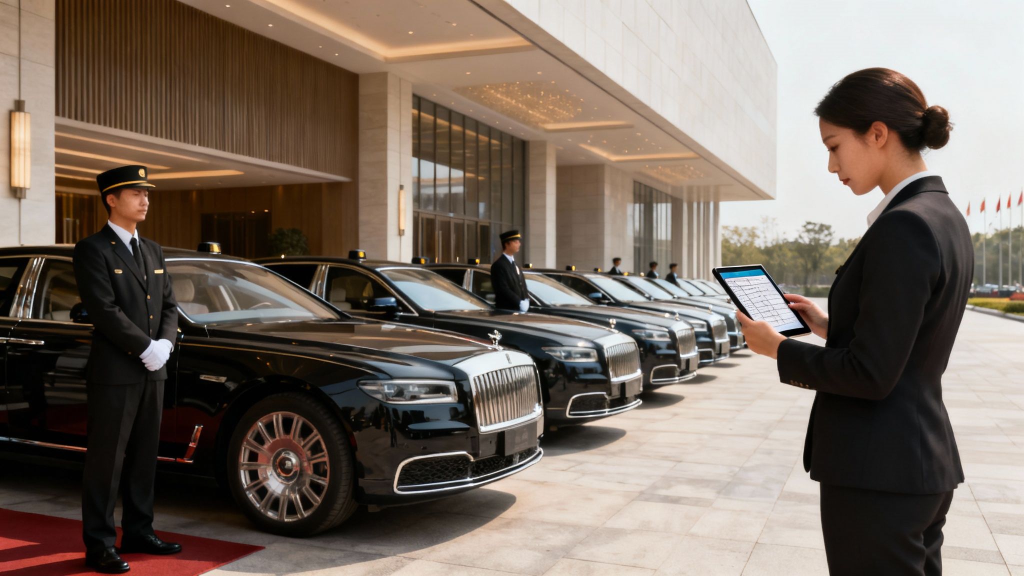 Executive Car Service Los Angeles: A Calm Guide to Predictable Travel 3 A line of luxury black cars with uniformed chauffeurs and a woman using a tablet at a hotel entrance.