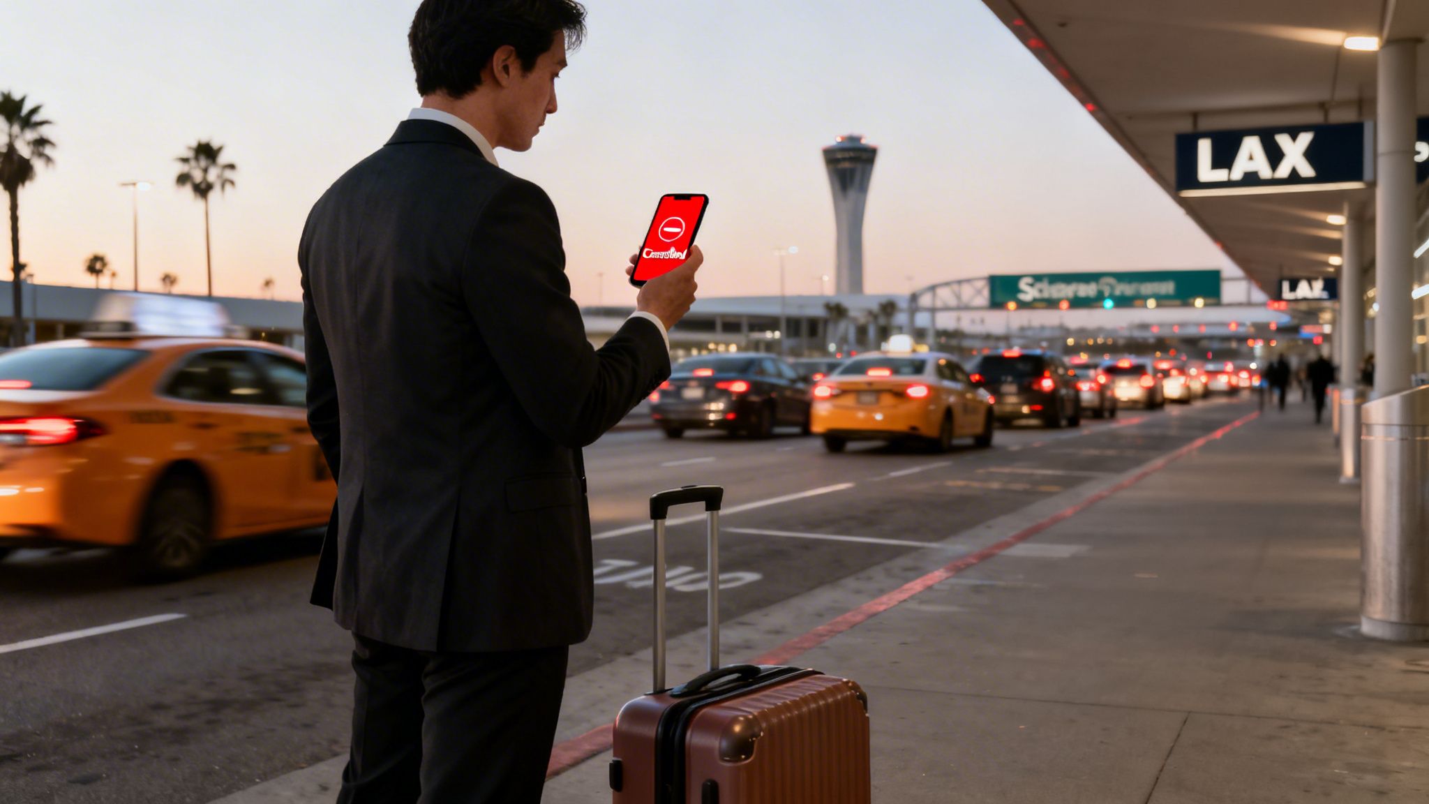 A man in a suit at LAX airport checks his phone showing a 'Cancelled' message, with traffic and a suitcase.