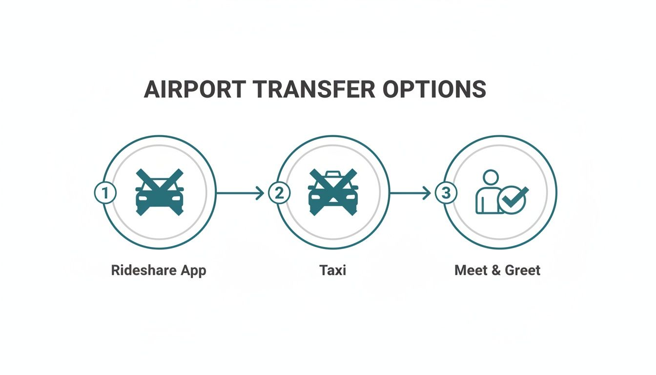 3 Crucial Reasons Your Meet and Greet Airport Service Must Be Impeccable 2 Visualizing airport transfer choices, showing rideshare and taxi as less optimal, and meet and greet as preferred.