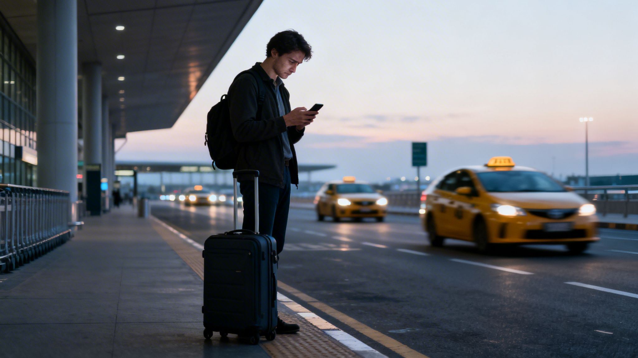 What is black car service? A Guide to Certainty in 3 Steps 1 A young man with a backpack and suitcase checks his phone at an airport taxi stand during dusk.