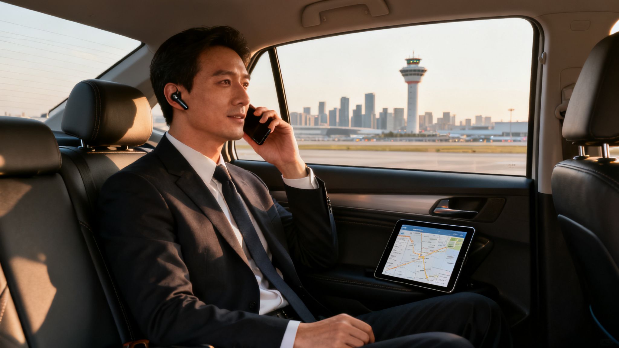 Chauffeured Car Services: Your Ultimate Guide to Ending Travel Chaos 4 Businessman in chauffeured car on phone with earbud, a tablet showing map, airport and city outside.