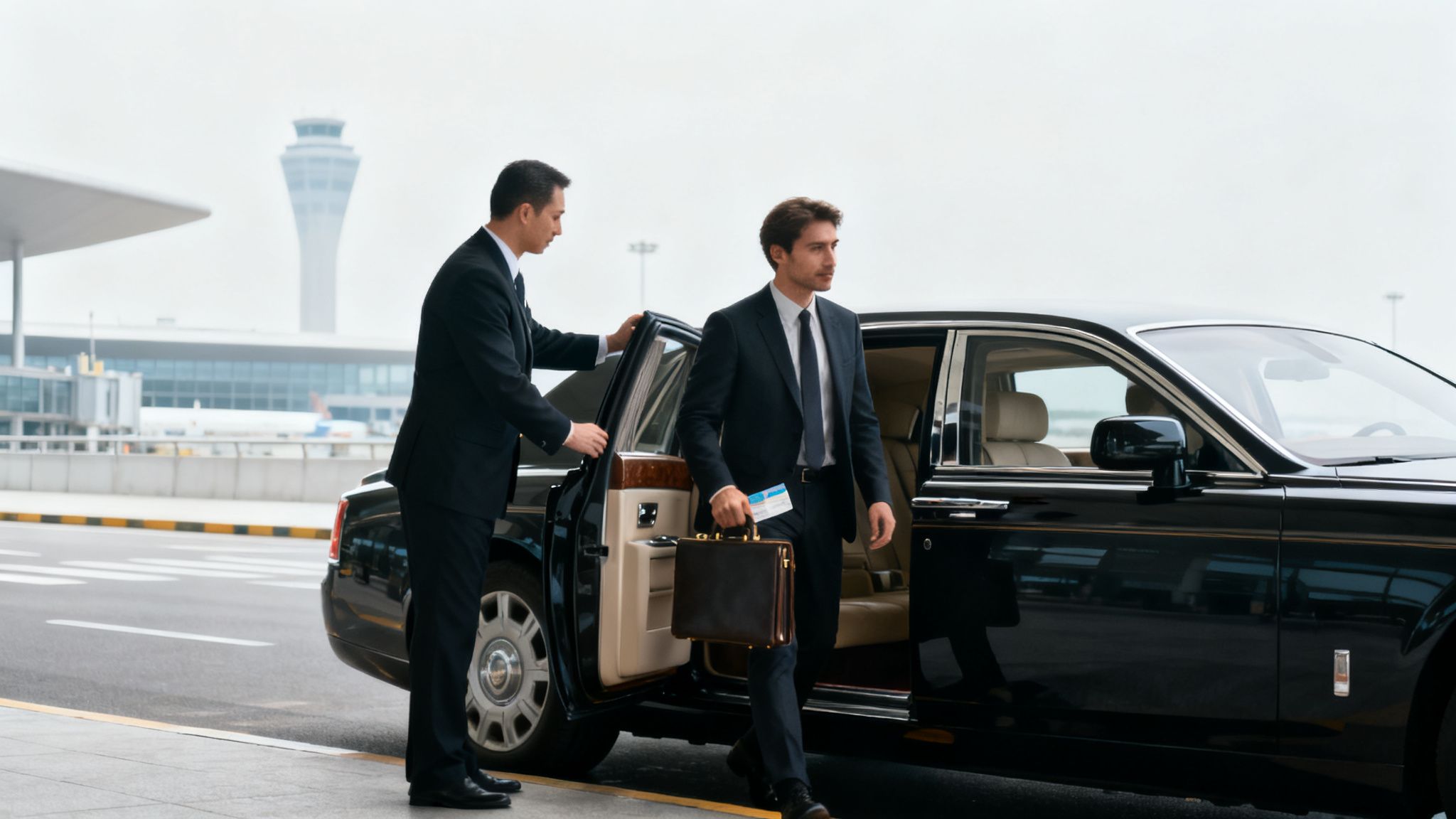 3 Crucial Reasons Your Meet and Greet Airport Service Must Be Impeccable 3 Chauffeur assisting a businessman exiting a luxury car at an airport terminal.