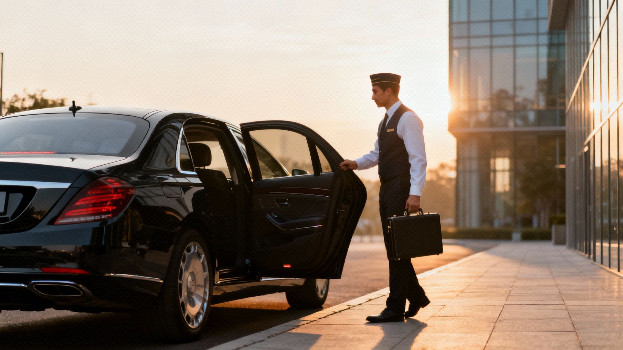 Your Guide to a Truly Luxury Car Service: 3 Ways to Ensure Perfect Predictability 3 A chauffeur in uniform opens the door of a black luxury car at sunset, ready for a passenger.