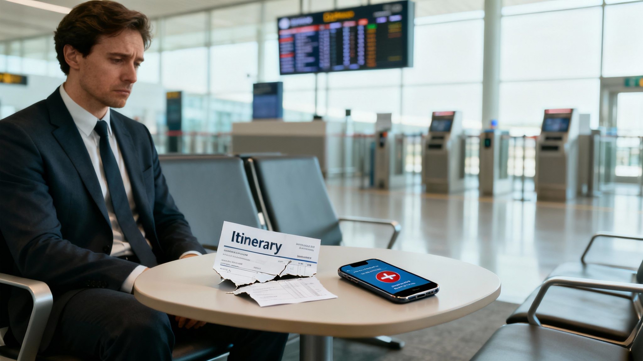 A disappointed businessman at an airport, looking at his torn travel itinerary and a smartphone showing an error.