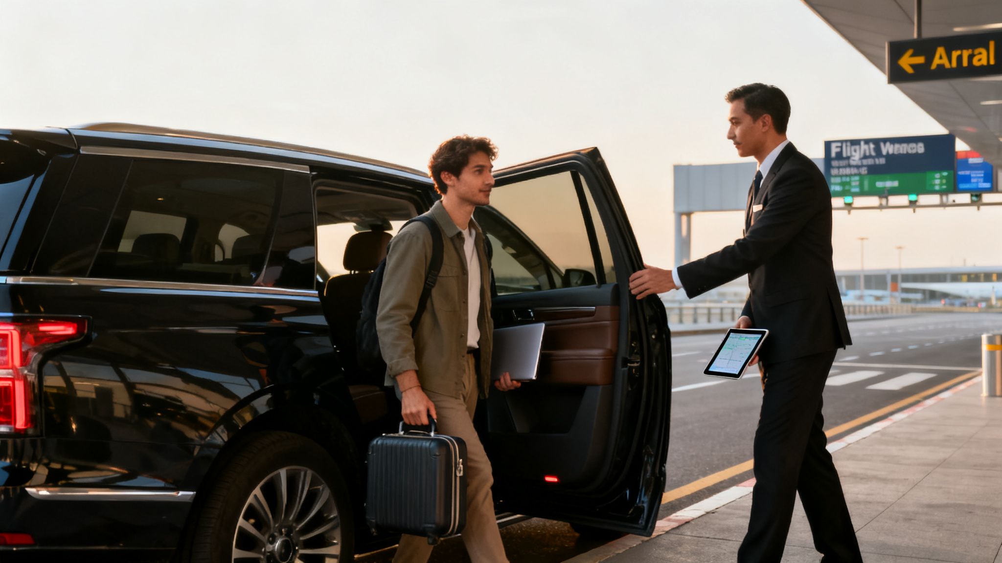 3 Critical Flaws in Your LAX to Disneyland Travel Plan 2 A chauffeur in a suit opens a black SUV door for a passenger exiting with luggage at an airport.