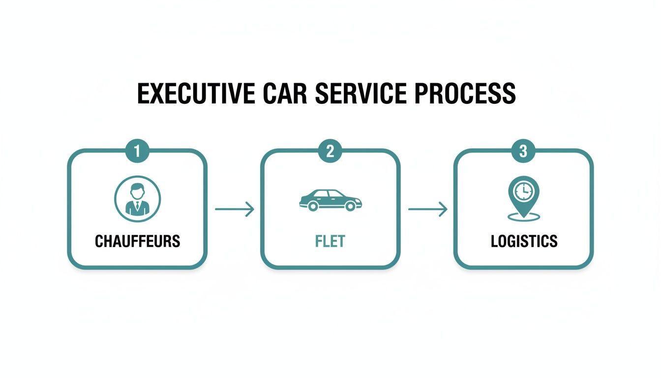 Executive Car Service Los Angeles: A Calm Guide to Predictable Travel 2 A flowchart illustrating the executive car service process with steps: chauffeurs, fleet, and logistics.