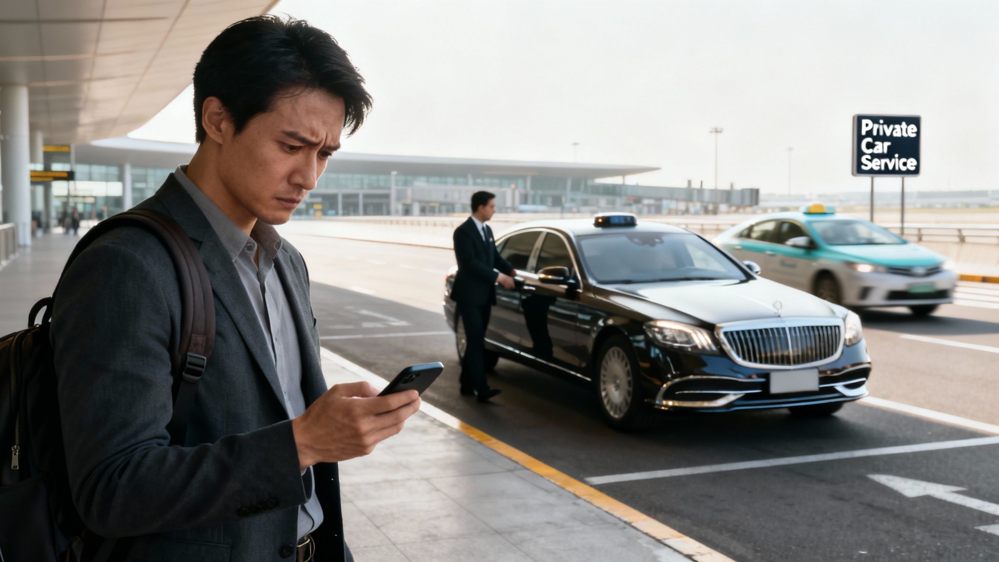 Man checking phone while waiting for a luxury private car service at an airport.
