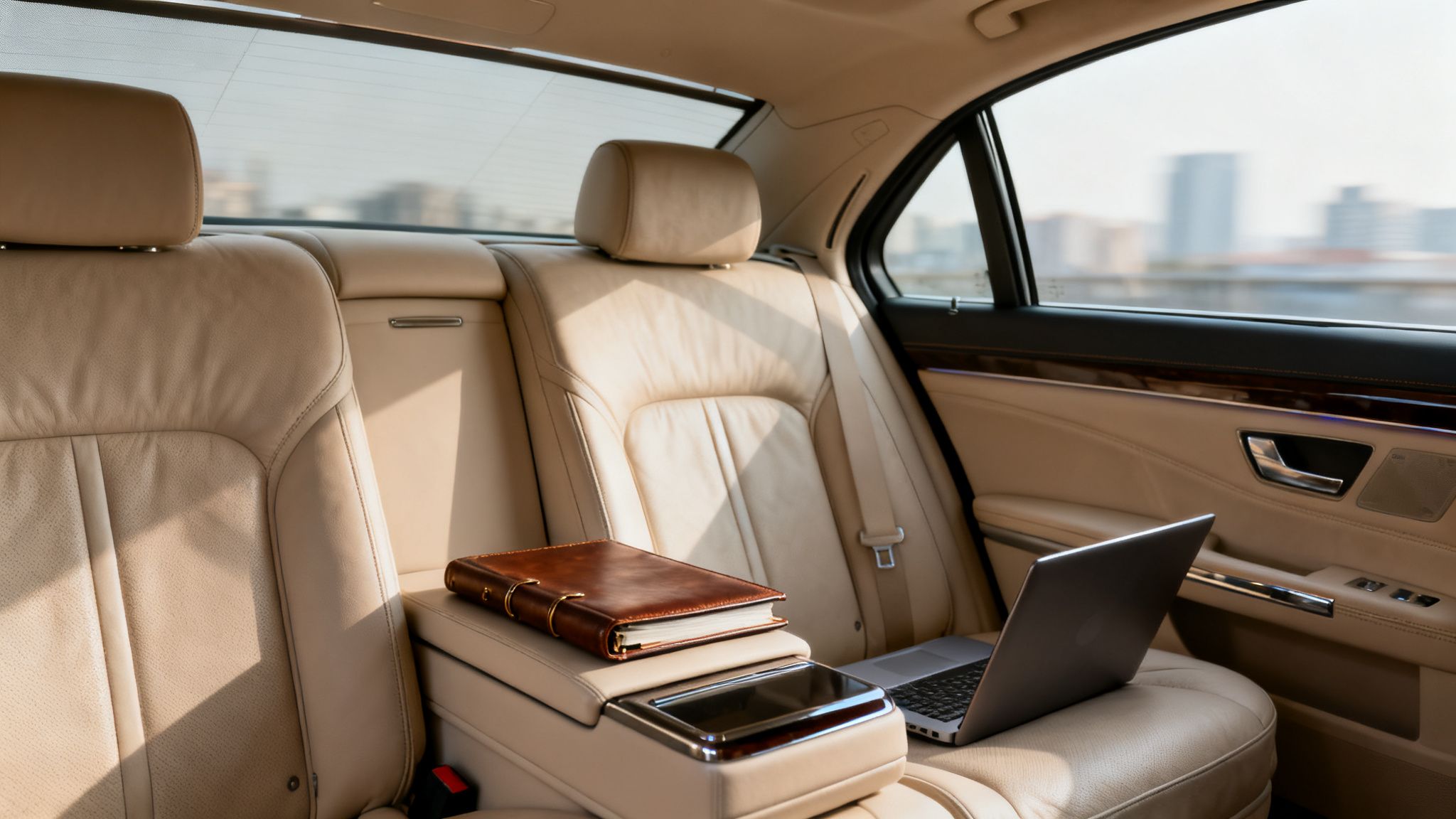 10 Essential Business Travel Safety Tips for a Secure Trip 2 Business tools, a laptop and journal, arranged on the beige backseats of a luxury car.
