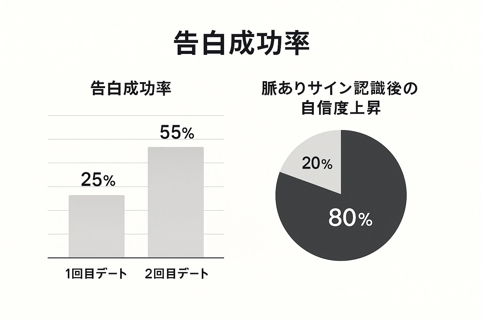 マッチングアプリのデート回数別告白成功率と脈ありサイン認識後の自信度を示すインフォグラフィック
