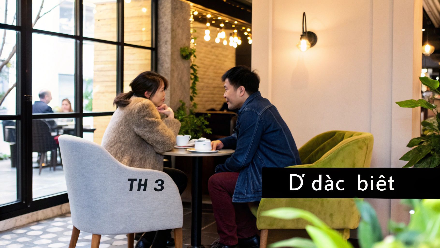 女性がカフェで男性の話を笑顔で聞いている様子