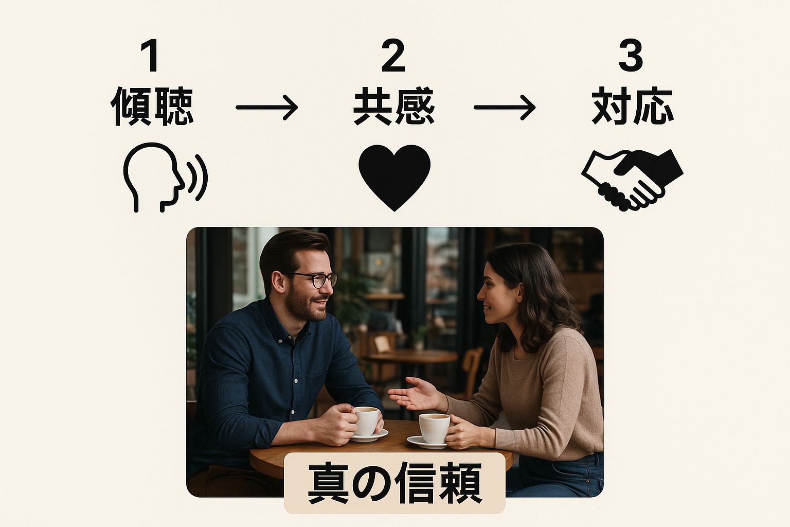 信頼関係を築く二人がカフェで話しているインフォグラフィック