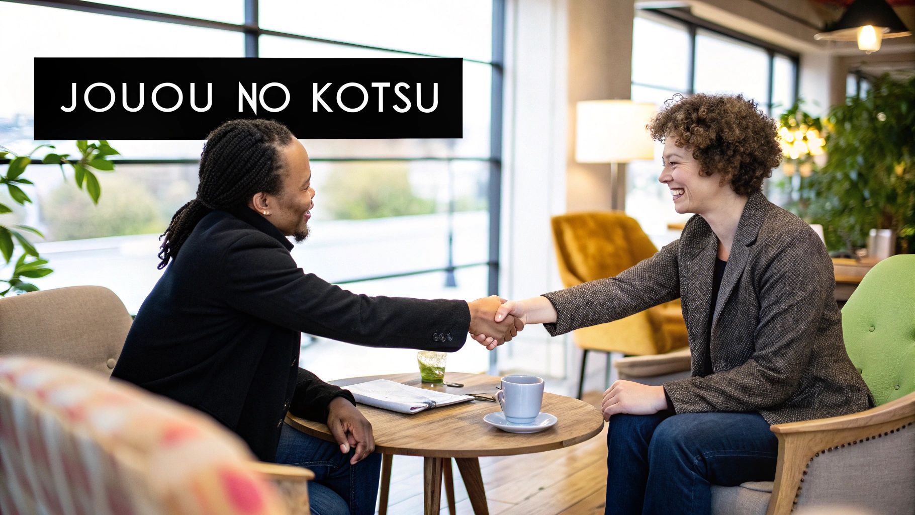 Two people shaking hands across a table in a cafe.