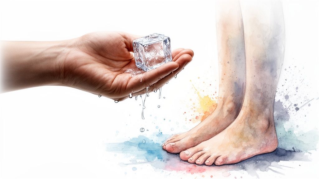 A hand holds a melting ice cube with water dripping onto feet, surrounded by watercolor splashes.