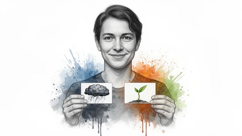 Smiling person in a sketch holding cards, one showing a rain cloud, the other a green sprout, against watercolor splashes.