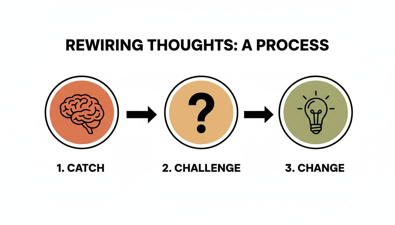 A three-step process for rewiring thoughts: Catch (brain), Challenge (question mark), and Change (lightbulb).
