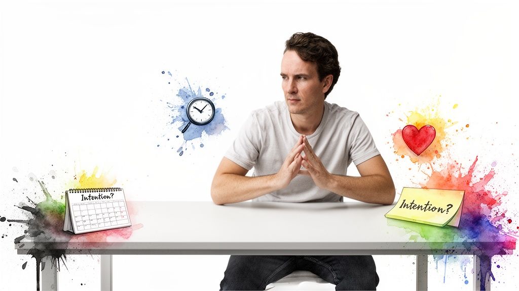 A thoughtful man at a desk, surrounded by watercolor symbols: a clock, heart, and 'Intention?' text.