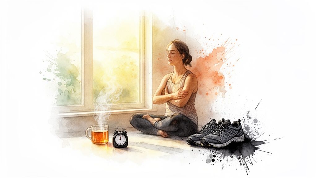 Watercolor illustration of a woman meditating by a sunlit window, with tea, an alarm clock, and running shoes.