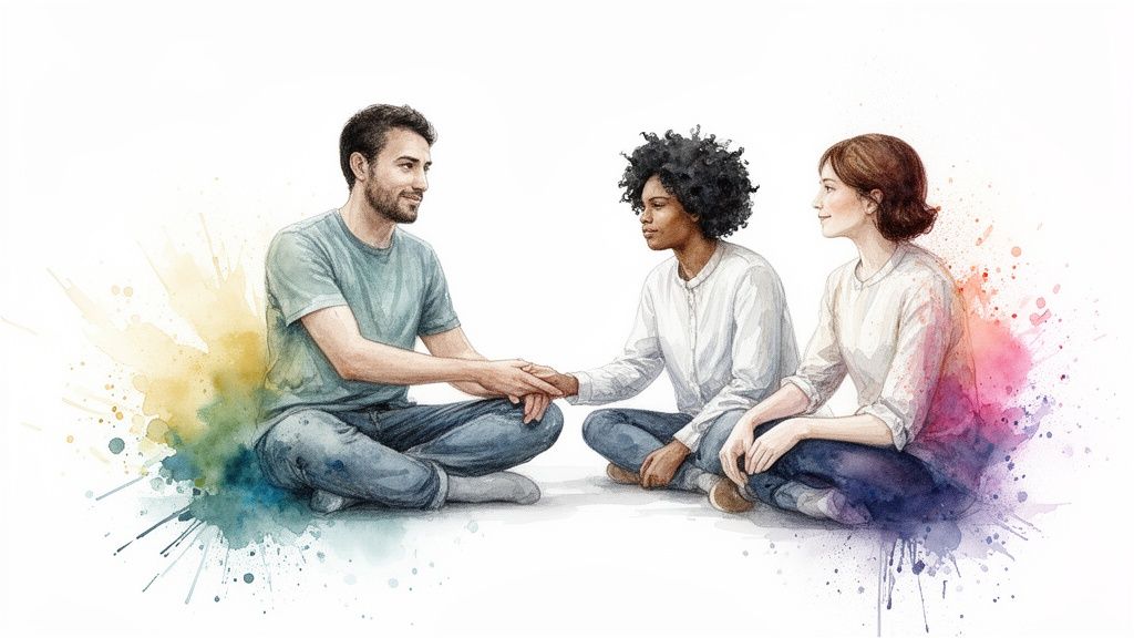 Three diverse individuals sit together on the floor, sharing a moment of emotional connection amidst colorful splashes.