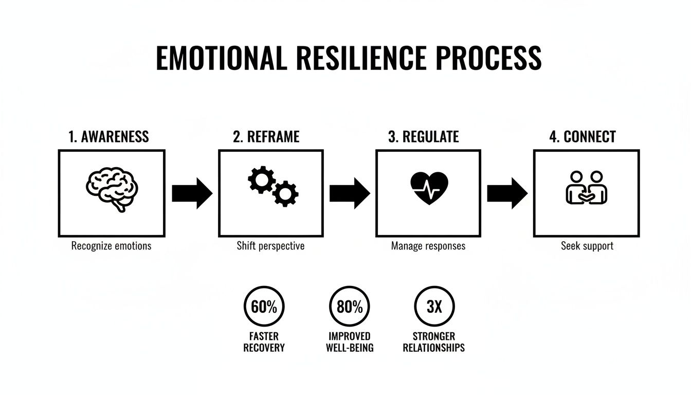 A flowchart outlining the 4-step emotional resilience process: Awareness, Reframe, Regulate, Connect, showing benefits.