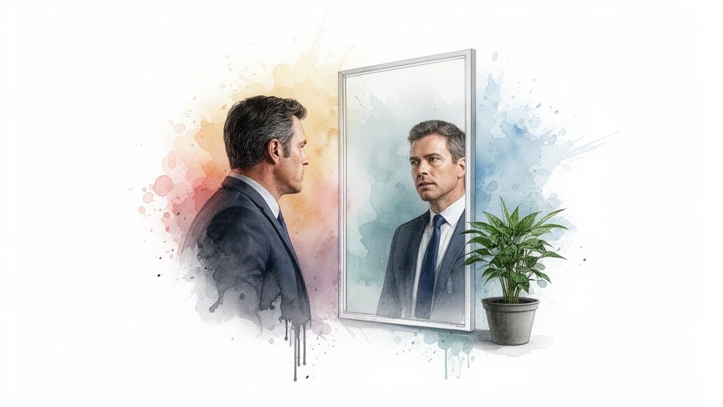 A man in a suit looks into a mirror, his reflection intently gazing back, with watercolor splashes and a plant.