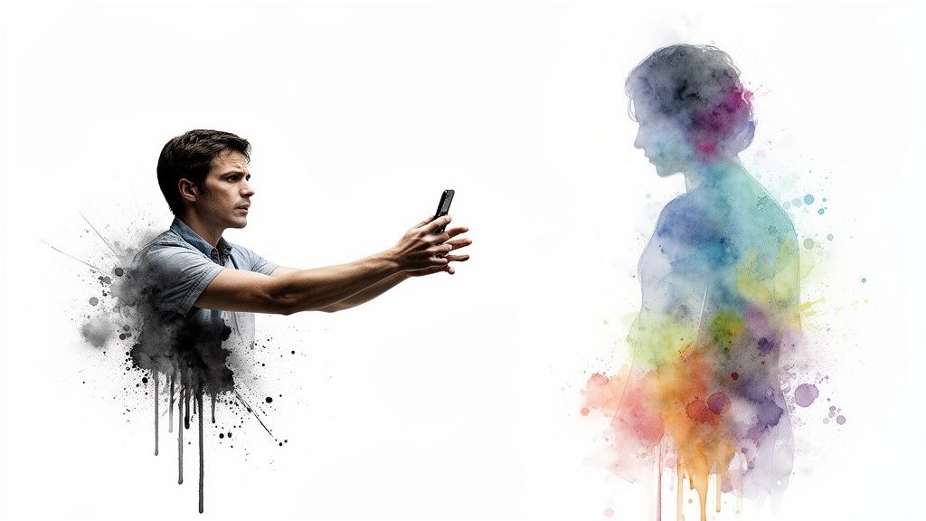 Man holding phone reaches out to a colorful watercolor silhouette on a white background.