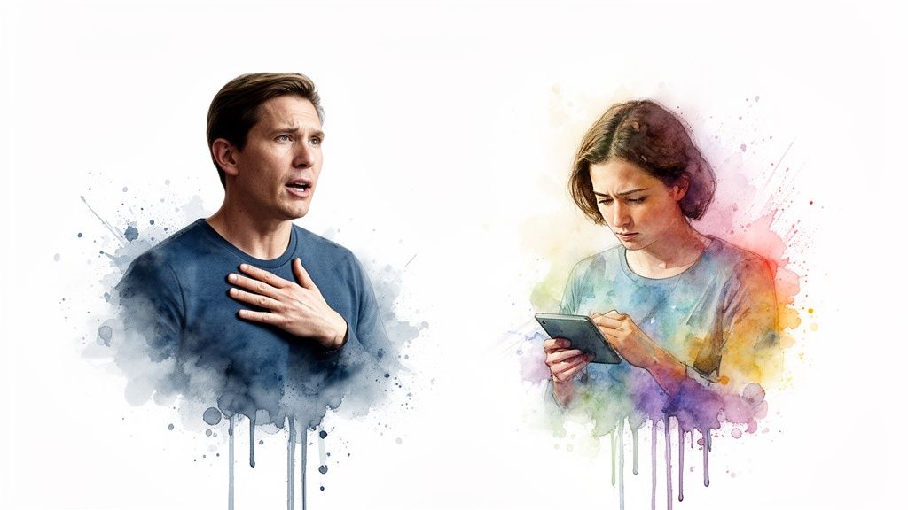 A watercolor image of a concerned man and a woman engrossed in her tablet, depicting emotional disconnect.