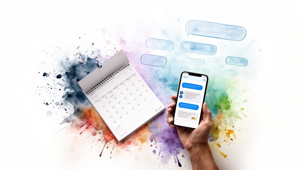 Hand holding a smartphone displaying a chat app, with an open calendar on a vibrant watercolor background.