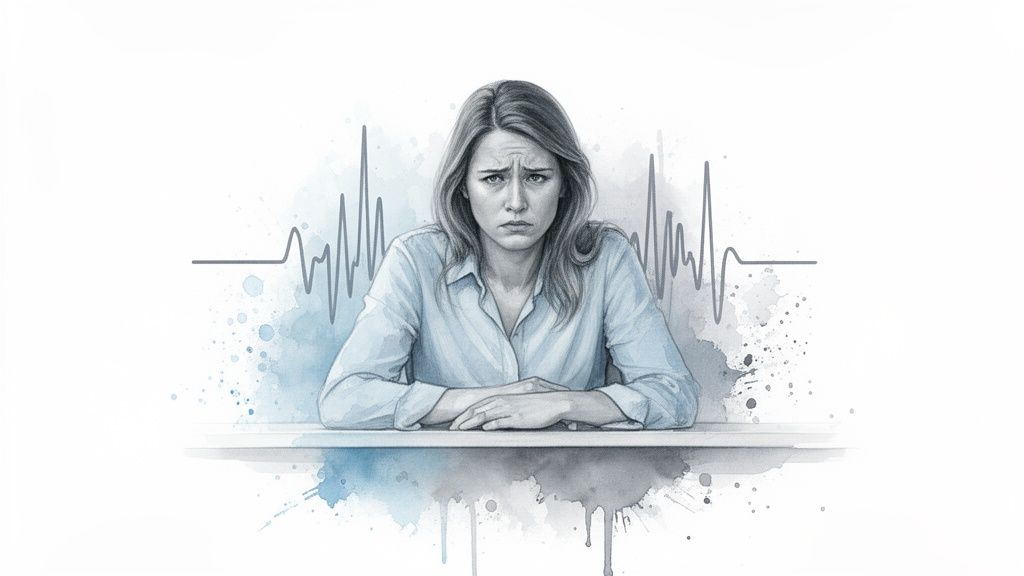 Anxious woman in a watercolor illustration with an ECG line symbolizing stress.