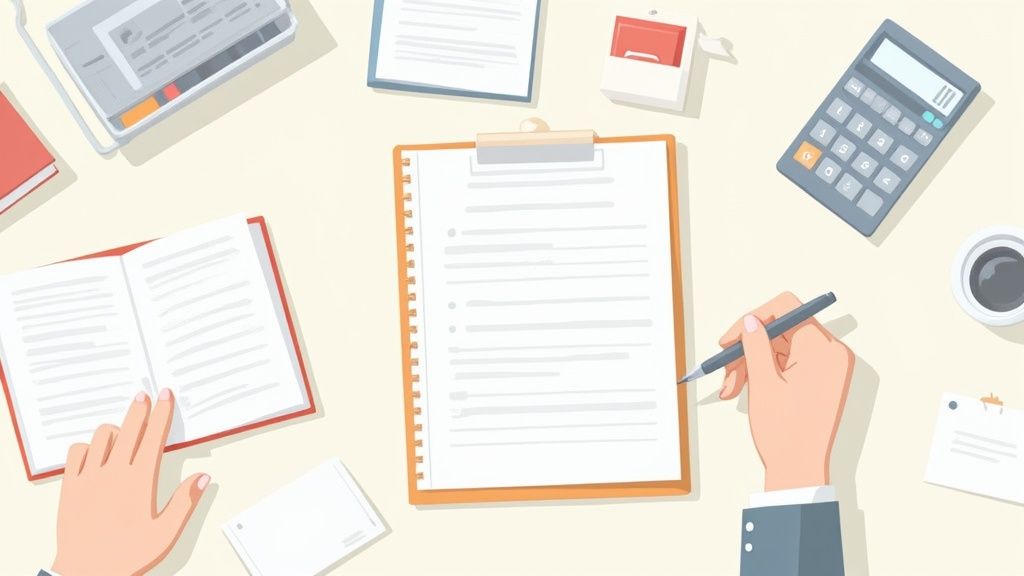 机上で資料作成や計算、読書をするビジネスパーソンの手元を写した画像